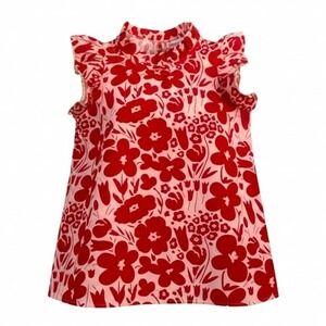 THML Becky Top Red Pink Floral Ruffle Pom Pom Sleeveless Blouse XS WCT1424-R